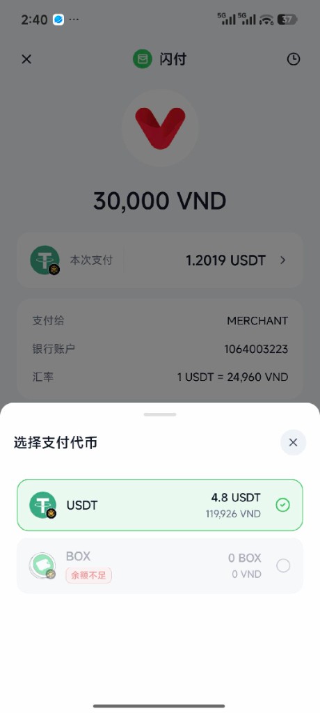 选择支付代币弹层展示可用 USDT 与余额不足的 BOX