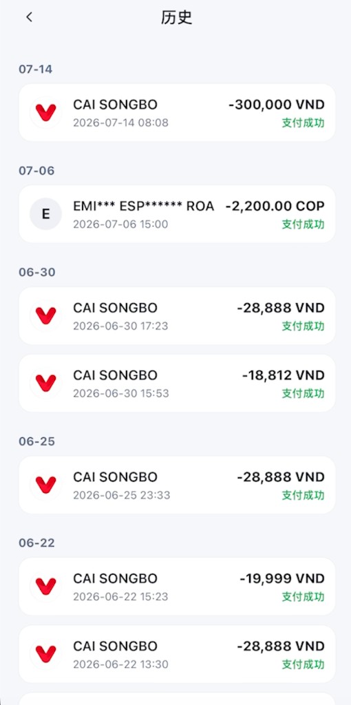 闪付历史列表展示多笔支付成功记录